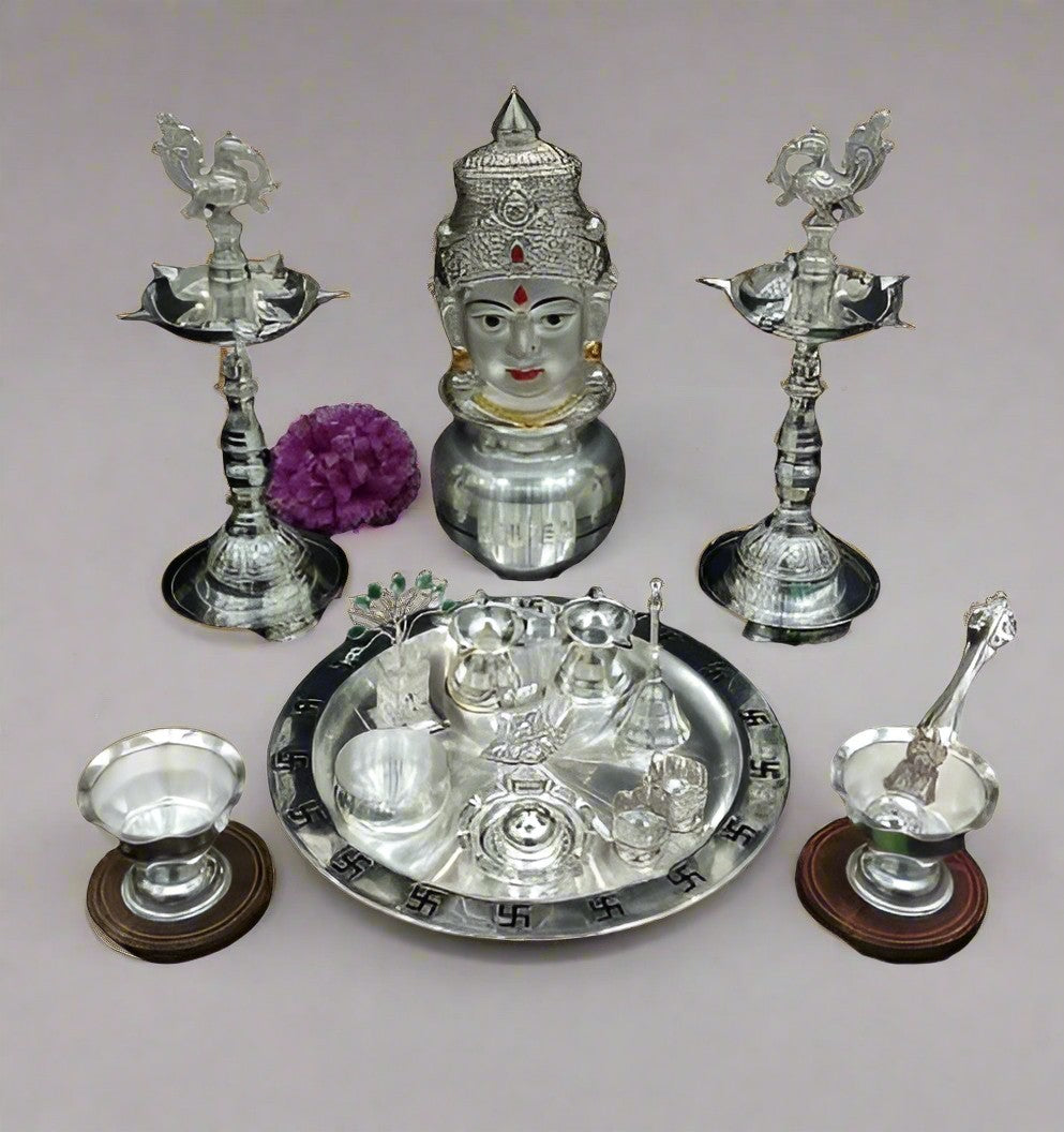 Silver plated combo pooja thali set - 19 pieces set